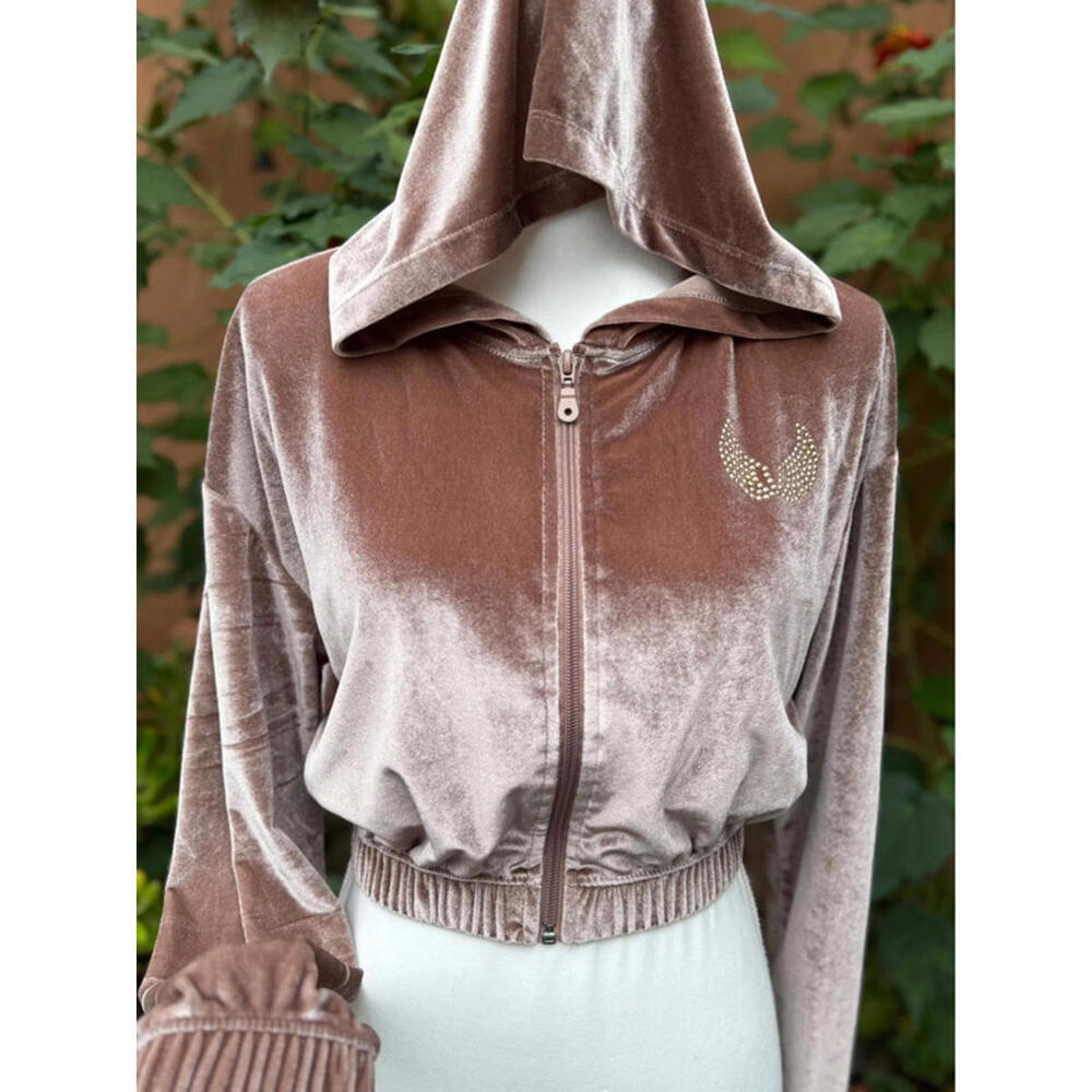 Social Scene Velour Rose Gold With Cute Angel Wings Cropped Hoodie Size M